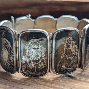 Antique Japanese Wide Sterling Silver Nielo Panel Bracelet